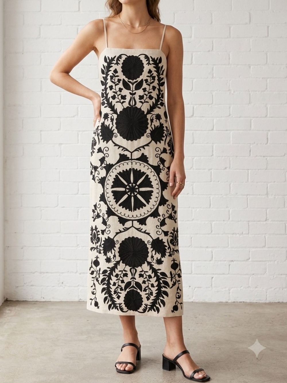 Le Al X Linen Blend Embroidered Maxi Dress XS Tan Black Side Slit Boho